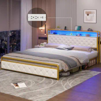 King Size PU White/Linen Metal Bed Frame Upholstered Platform Bed, for indoor bedroom furniture