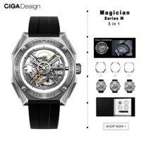 CIGA Design Magician Series 3 in 1 Titanium Automatic Watch for Men Fluororubber Strap Skeleton Mechanical Wriswatch 3 Pcs Cases
