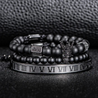 Men's Frosted Bead Bracelets Set with Crown Roman Numeral Bangle - Stylish and Versatile Jewelry for Men