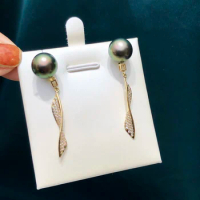 JY Solid 18K Gold Round 10-11mm Nature Sea Water Tahitian Origin Tahiti Black Pearls Dangle Earrings for Women Fine Presents