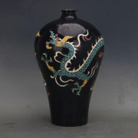 Black Chinese Dragon Vase Carved Ceramic Vase Family Rose Vase Antique Porcelain Bulb Vase Ming Dynasty Vintage Collection
