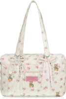 Coquette Bag White Pink Floral Bag Cute Quilted Duffle Bag for Women Shoulder Purse with 2 Pcs Bow P