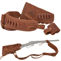No Drill 1 Set Leather Rifle Buttstock +Leather Shell Holder +Leather Gun Shoulder Sling Ambidextrous For .22LR .308 .30/30 .357