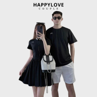 Couple đồ đôi HAPPYLOVE áo phông nam đầm nữ dáng ngắn màu đen in họa tiết nơ nhí thời trang M196
