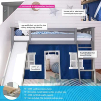 Max &amp; Lily Low Loft Bed, Twin Bed Frame For Kids With Slide and Curtains For Bottom, Grey/Blue