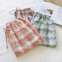 New Pure Cotton Sleepwear For Women Plaid Pajama Pants For Home Lounge Wear Spring Drawstring Women's Summer Trousers