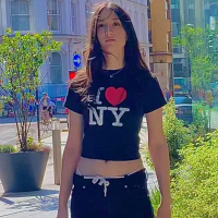 เสื้อครอปสำหรับผู้หญิง แขนสั้น พิมพ์ลาย I Love NY สไตล์ฮาราจูกุ เสื้อยืดทรงสกินนี่ ท็อปส์ซูเด็ก แฟชั