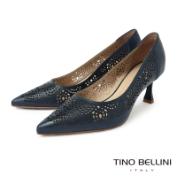 【TINO BELLINI 貝里尼】巴西進口蕾絲簍空花紋牛皮尖頭高跟鞋FWDV024(深藍)