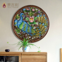 圓形木雕掛件泰國鏤空雕花板客廳墻面裝飾壁掛實木木雕掛件工藝品1入