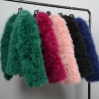 Real Ostrich Fur Feather Coat Short Jacket Furry Fluffy Party Long Sleeve Winter Women Coat Outerwear Plus Size Puffy Turkey Fur