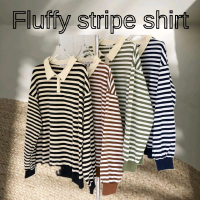 Fluffy stripe shirt เสื้อเชิ้ตแขนยาวคอปกลายริ้วผ้านุ่มยืด