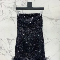 2024 New Brand Women's Strapless Dress Sexy Black Sequin Mini Dress A-line Short Party Dress Lux Design Fur Tee Dress SML