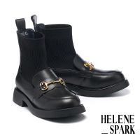 【HELENE_SPARK】復古時髦馬銜釦異材質拼接厚底短靴(黑)