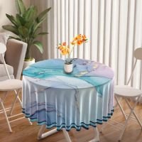 1 Piece Blue Purple Marble Circular Tablecloth with Black White Gilded Waterproof Dining Table Cover 63 inch Tablecloth