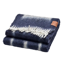 【LOEWE 羅威】經典品牌LOGO馬毛海/羊毛流蘇圍巾(海軍藍/灰色F811257X03-4936)