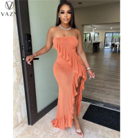 VAZN 2022 Summer Solid See Through Holiday Young Sexy Style Strapless Sleeveless High Waist Women Long Spit Mermaid Dress