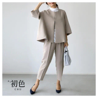 【初色】韓系圓領長袖西裝外套女外套+簡約修身西裝褲長褲套裝-共3色-39977(M-XL可選)