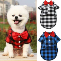 Pet Clothes Dogs Plaid Striped Shirt Suit Wedding Dress Puppy Coat Teddy Bear Pomeranian Vest Small-Medium Dog Cat Pet Costume