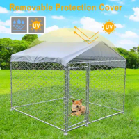 Outdoor Dog Kennel, Size 6.6x6.6x5FT, Large Metal Dog House with Waterproof Cover, Dog Kennels for Large Dogs wi