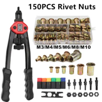 150PCS Rivet Nut +Hand Threaded Rivet Nuts Gun BT605 M3 -10 Double Insert Manual Riveter Gun Riveting Rivnut Rivet Tool