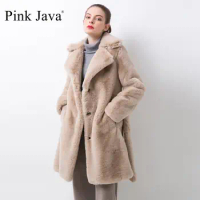 PINK JAVA QC20048 new arrival women winter coat faux fur long coat fake rabbit fur overcoat