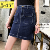 牛仔裙--韓版修身顯瘦前後口袋撞色車線高腰牛仔短裙(藍M-5L)-Q115眼圈熊中大尺碼