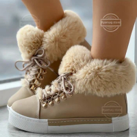 Women Ankle Boots New Warm Downy Winter Autumn Fashion Luxury Elegant Solid Ladies Daily Casual Faux Fur Lace-up Shoes