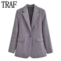 TRAF Grey Long Blazer For Women Long Sleeve Women's Blazer Autumn Winter Chic And Elegant Woman Jacket Office Formal Jacket