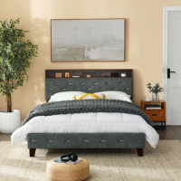 Queen/Full Bed Frame Shelf Upholstered Headboard Platform Bed W/Outlet&amp;USB Ports Wood Legs Grey/Beige Easy Assembly[US-W]