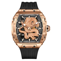 BONEST GATTI Men Automatic Watch 50mm Luxury Tonneau Mechanical Wristwatch Waterproof Luminous Fluororubber Strap Dragon Dial