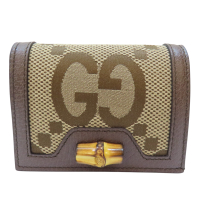 【二手名牌BRAND OFF】GUCCI 古馳 棕色 Jumbo GG 大緹花帆布 Diana 扣式短夾 658244