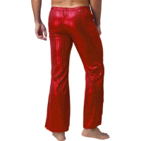Mens 70s Shiny Sequins Hip Hop Disco Party Long Pants Costumes Dancer Singer Trousers Elastic Waistband Bell Bottom Flared Pants