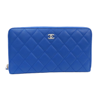 【二手名牌BRAND OFF】CHANEL 香奈兒【再降價】藍色 羊皮 菱格紋 雙C LOGO 拉鍊長夾 銀扣（無卡）