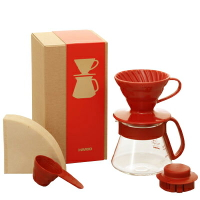《HARIO》過年禮盒首選 V60紅色01濾杯咖啡壺組 (磁石濾杯+咖啡壺+濾紙+量匙/VDS-3012R)