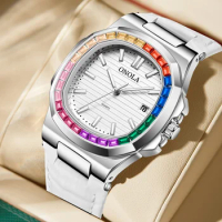 Fashion Colorful Diamond Men's and Women's Watch ONOLA Genuine Leather Waterproof Quartz Watch Men Clock