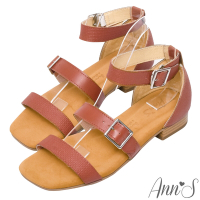 (季末換季出清)Ann’S水洗牛皮-可調整鬆緊三條帶木紋跟方頭涼拖鞋-棕