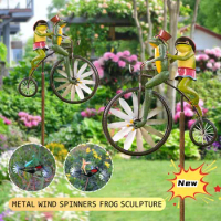 Vintage Frog Bicycle Funny Metal Frog Riding Spinner Wind Sculptures Garden Decor Animal Bike Statue