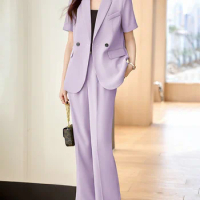 Tesco Spring Summer Thin Women's Suit Sets Short Sleeve Jacket Purple Casual Office Lady Pantsuit conjuntos para mujeres 2 pieza