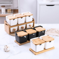 方形陶瓷調料罐竹木調味罐日式調味料罐廚房家用鹽罐調料盒套裝