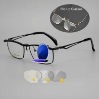 Anti Blue Light Photochromic Sun Reading Glasses Top Quality Designer Titanium Full Frame Square Flip Up Eyeglasses Business