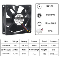พัดลมระบายความร้อน, 80 มม., Pwm Cpu 8025, 12V, 4Pin, คูลเลอร์, 80x80x25 มม., ลูกบอลคู่ไฟฟ้า, หม้อน้ำ