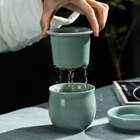 汝窯茶杯個人帶過濾陶瓷辦公室帶蓋汝瓷茶杯冰裂泡茶杯旅行快客杯