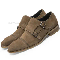 Mens Oxford Shoes Genuine Leather Suede Casual Shoes Cap Toe Double Buckle Monk Strap Classic Dress Shoes Black Brown Shoes Men