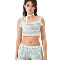 Women's 2 Piece Summer Set, Square Neck Lace Trim Crop Adjustable Spaghetti Strap Tops + Elastic Waist Plaid Shorts Outfits
