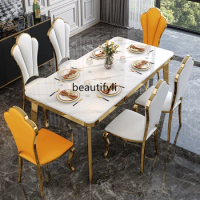 Mild Luxury Marble Dining Table Household Dining Table Stainless Steel Rectangular Bright Stone Plate Dining Table and Chair