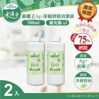【水傳奇】銀離子茶樹酒精清潔液 補充瓶 500ml(2入組)