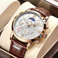2024 New Mens Watches LIGE Top Brand Leather Chronograph Waterproof Sport Automatic Date Quartz Watch For Men Relogio Masculino