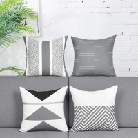 【IN stock pillowcase】 Grey white geometric short plush pillowcase sofa cushion cover home decoration