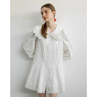 【女神婚紗禮服】法式蕾絲娃娃領白色純棉襯衫洋裝小個子寬鬆收腰短裙DR23122(法式、純棉、寬鬆、收腰)