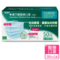 【康乃馨】醫療口罩50片盒裝 未滅菌(一般耳帶粉藍色款)